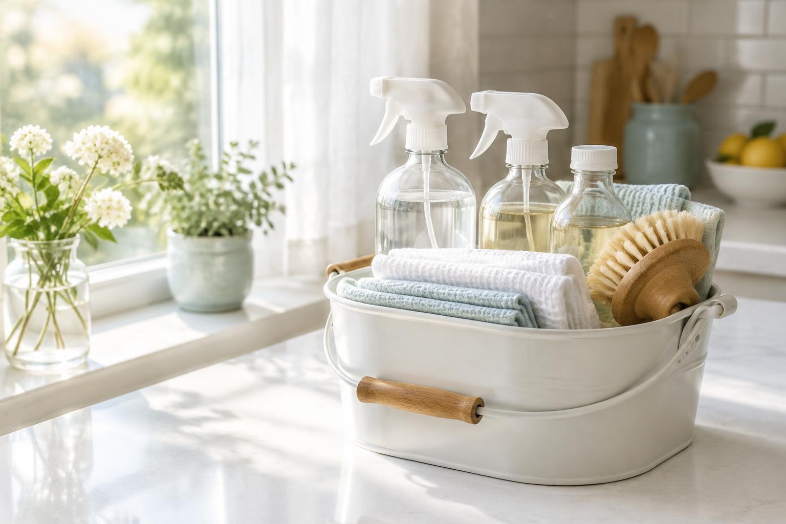 A cleaning caddy of spray bottles, folded cloths, and a brush on a bright kitchen counter