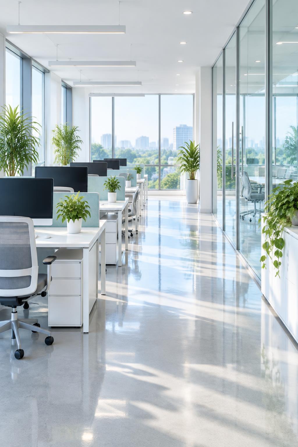 A bright, spotless open-plan office with tidy desks, glass partitions, and plants
